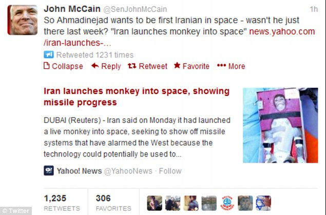 內賈德愿做伊朗太空第一人 麥凱恩推特諷其為“太空猴”