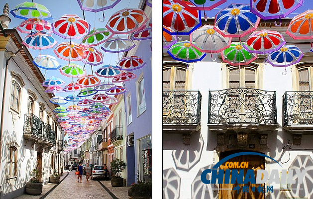 五彩雨傘漂浮半空中 葡萄牙小鎮用雨傘打造童話世界