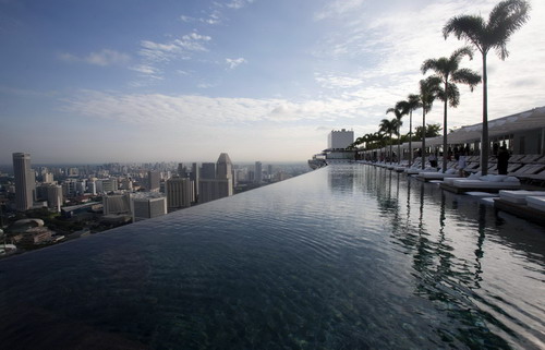 Swimming pool tops hotel towers in Singapore