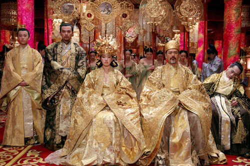 Taiwan singer Jay Chou (2nd L) plays Prince Jie with Chinese actress Gong Li (3rd L) as the Empress and Hong Kong actor Chow Yun-Fat as the Emperor in this undated publicity handout photo from the film