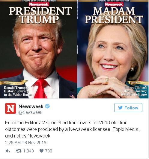 美媒大選預(yù)測(cè)出錯(cuò) 尷尬召回十萬《女總統(tǒng)》特刊