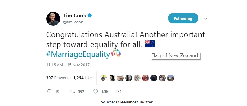 尷尬了！庫克祝賀澳大利亞同性婚姻公投 卻錯用新西蘭國旗