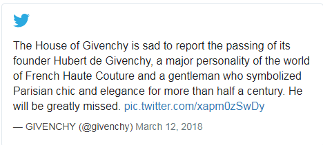 法國時尚大師紀(jì)梵希去世 與赫本友誼長達(dá)40年