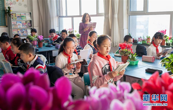 Plants brighten up a classroom in Inner Mongolia