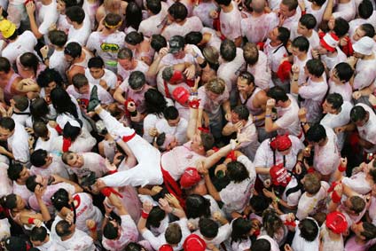  A pack of six fighting bulls run through the centre of the town to the bullring every morning during the week-long festival made famous by US writer Ernest Hemingway. [Reuters]