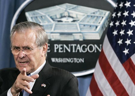 U.S. Secretary of Defense Donald Rumsfeld takes questions during a joint news conference with Republic of South Korea Minister of National Defense Yoon Kwang Ung at the Pentagon in Washington in this October 20, 2006 file photo. Rumsfeld is stepping down, according to a U.S. Defense official on November 8, 2006. 