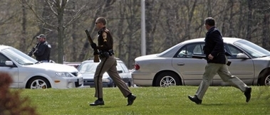 Police assemble on the Virginia Tech campus in Blacksburg, Va., Monday, April 16, 2007.