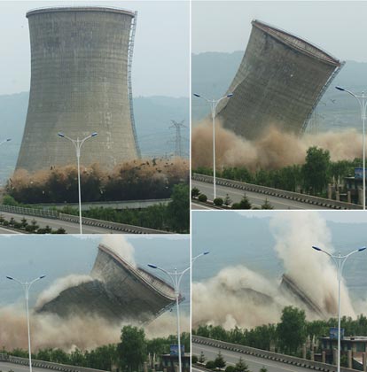 A combo picture shows a cooling tower at the HunJiang Power Generation Company is imploded in Baishan,Northeast China's Jilin Province, July 6, 2007. China pledged to cut greenhouse gas emissions as it unveiled its first climate change action plan in early June. China has closed down small thermal power plants with total power generating capacity of 5.5 million kilowatts by now, completing 55 percent of the country's goal for this year, Xinhua reported.