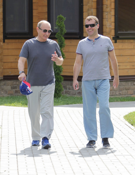 Prime Minister Vladimir Putin and Russian President Dmitry Medvedev spend a holiday together in Astrakhan, southern Russia, Aug 16, 2011. Medvedev, Putin spend holiday together