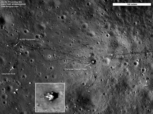 NASA's Lunar Reconnaissance Orbiter (LRO) image released on September 6, 2011 shows the Apollo 17 site on the moon, where the tracks laid down by the lunar rover are clearly visible, along with the last foot trails left on the moon. The images also show where the astronauts placed some of the scientific instruments that provided the first insight into the moon's environment and interior. Photos show enduring traces of man's lunar visits