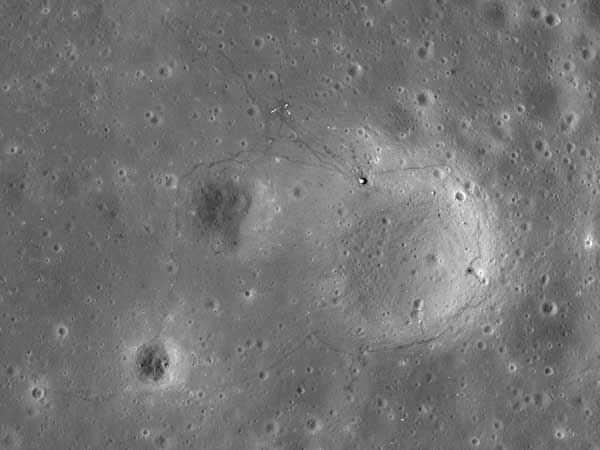 NASA's Lunar Reconnaissance Orbiter (LRO) image released on September 6, 2011 shows the Apollo 17 site on the moon, where the tracks laid down by the lunar rover are clearly visible, along with the last foot trails left on the moon. The images also show where the astronauts placed some of the scientific instruments that provided the first insight into the moon's environment and interior. Photos show enduring traces of man's lunar visits