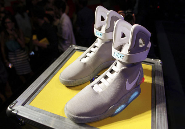 A pair of 2011 NIKE MAG shoes, based on the original NIKE MAG worn in 2015 by the 'Back to the Future' character Marty McFly, played by Michael J Fox, is displayed during its unveiling at The Montalban Theatre in Hollywood, California Sept 8, 2011. 2011 NIKE MAG shoes displayed in Hollywood