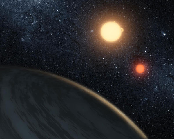 NASA handout image shows an artist's concept of the circumbinary planet Kepler-16b - the first planet known to definitively orbit two stars. 1st planet orbiting 2 stars discovered