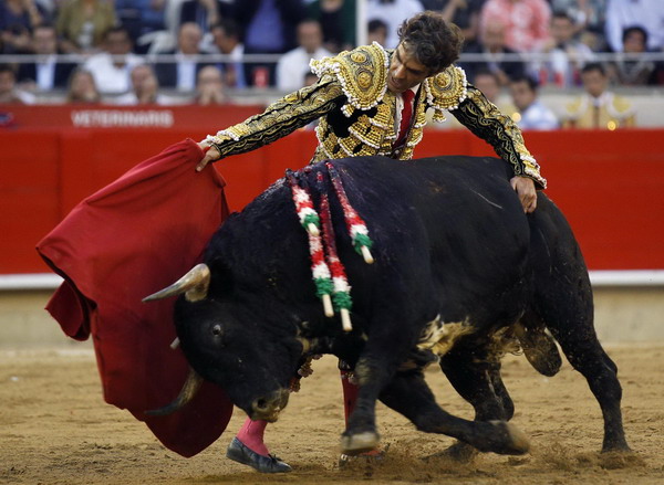 Spanish bullfighter Jose Tomas performs a pass during the last bullfight at Monumental bullring in central Barcelona Sept 25, 2011. Fans mourn, opponents celebrate last bullfight