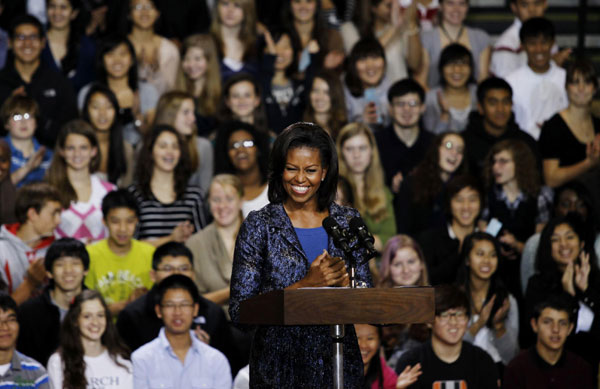 US first lady Michelle Obama addresses students during a visit honoring Kim Yoon-ok, wife of South Korean President Lee Myung-bak, at Annandale High School in Annandale, Virginia, Oct 13, 2011. Obama, Lee hail long-sought trade deal