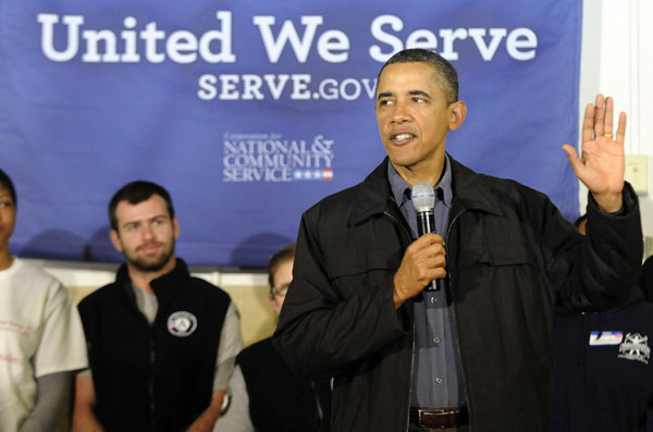 US President Barack Obama speaks during a day of service to honor Martin Luther King, Jr, at the Browne Education Campus school in Washington, January 16, 2012. Martin Luther King Day marked in US