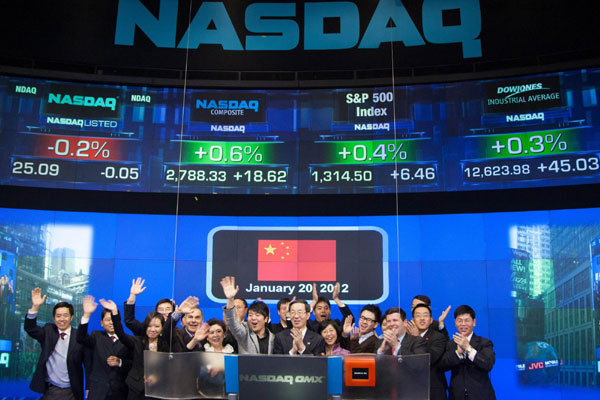 Chinese Ambassador Sun Guoxiang (middle R) and pianist Lang Lang (middle L) ring the NASDAQ Stock Market Opening Bell in celebration of Chinese New Year in New York January 20, 2012 in this NASDAQ handout photo. NASDAQ opening bell hails Chinese New Year