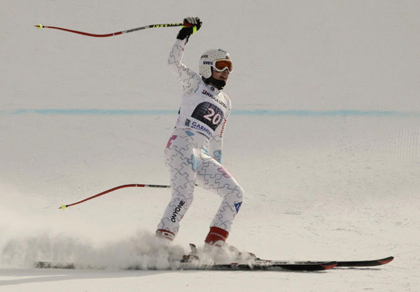 Tina Weirather of Liechtenstein reacts following her third fastest time in the women's Alpine Skiing World Cup Downhill on the Kandahar course in Garmisch-Partenkirchen February 4, 2012. Photos: Alpine Skiing World Cup