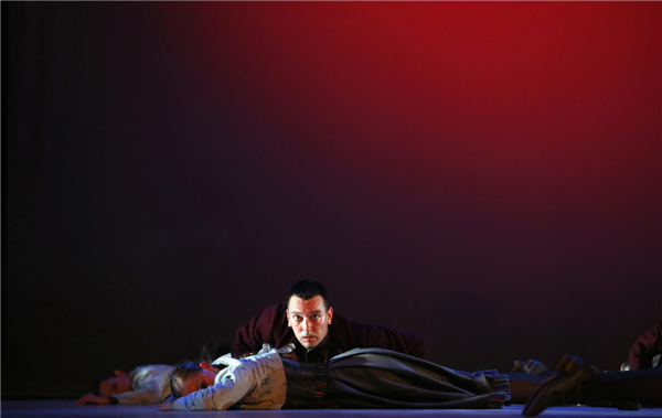 Dancers from the Hungarian State Folk Ensemble perform during the dress rehearsal of their new show 'Song of the Stag' at the Budapest Dance festival, April 26, 2013. Budapest Dance festival