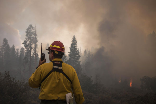 US Forest Service fire captain Pete Irvine monitors the eastern edge of the Rim Fire in Yosemite National Park, California, August 24, 2013. Fast-moving fire rages through California park