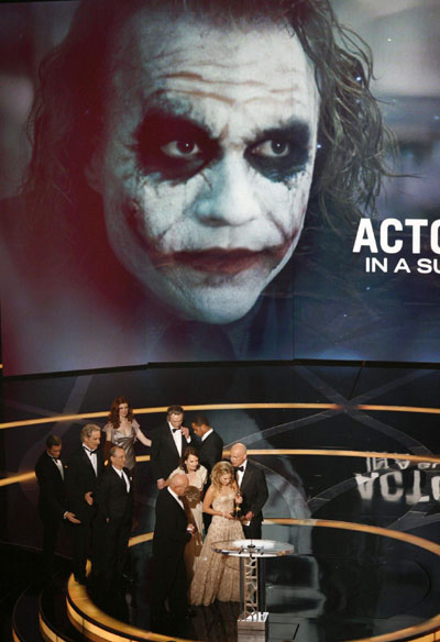 The late Heath Ledger's picture is displayed after he wins the Oscar for best supporting actor