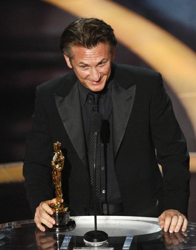 Sean Penn poses with his best actor Oscar at the Academy Awards in Hollywood