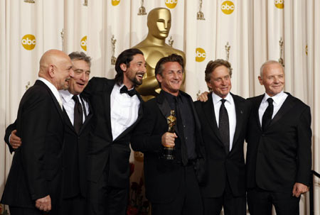 Sean Penn poses with his best actor Oscar at the Academy Awards in Hollywood