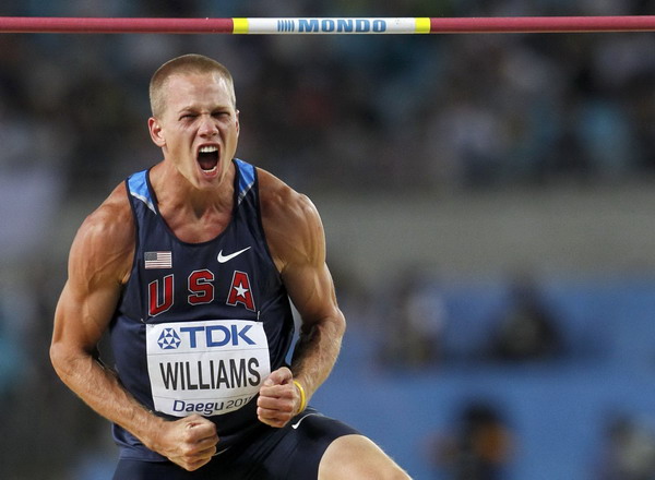 Jesse Williams of the US reacts during the men's high jump final at the IAAF World Championships in Daegu Sept 1, 2011. Williams of USA snatches gold in men's high jump