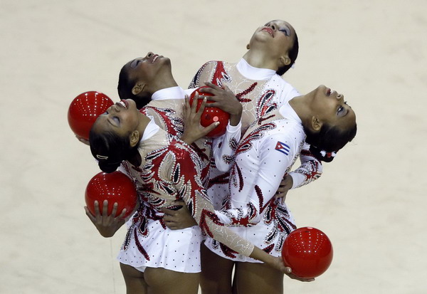 Cuba competes during the rhythmic gymnastics group general qualification round at the Pan American Games in Guadalajara Oct 16, 2011. Gymnasts compete at Pan American Games