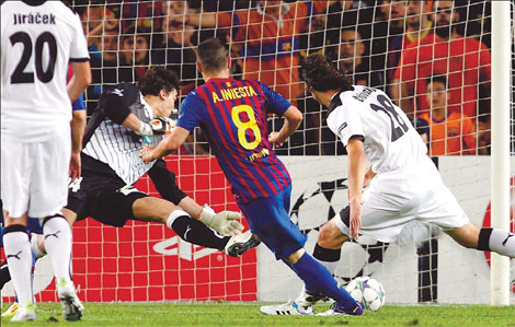 Barcelona coach Pep Guardiola hailed Andres Iniesta as a 'one-off' talent in a side dominated by Lionel Messi after the Spanish giant's 2-0 Champions League win over Viktoria Plzen. 'One-off' Iniesta puts one on the scoreboard in Barca win