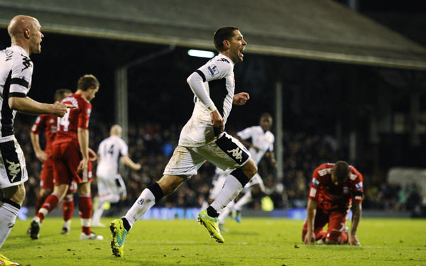 Clint Dempsey pounced for an 85th-minute winner as Fulham beat Liverpool 1-0 in a dramatic Premier League match at Craven Cottage on Monday after a rare mistake from keeper Pepe Reina. Late Dempsey goal gives Fulham win over 10-man Liverpool