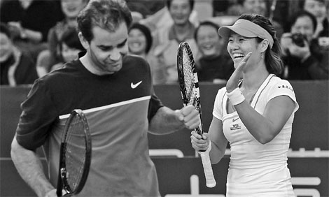 Fourteen-time major champion Pete Sampras dropped his racquet and surrendered to his opponent during a rally. Big-serving German Sabine Lisicki tossed up bad service balls six times in a row. Stars bring comedy to court