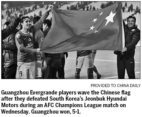 Guangzhou Evergrande boss Xu Jiayin did it his way. Chinese soccer's inferiority complex was swept away by Evergrande's overwhelming 5-1 victory over K-League winner Jeonbuk Hyundai Motors. Guangzhou Evergrande downs South Korean team
