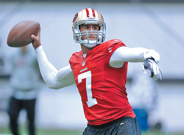 San Francisco 49ers quarterback Colin Kaepernick throws a pass during practice for the Super Bowl in New Orleans. Bush 3 years, 10,000 miles away from Super Bowl