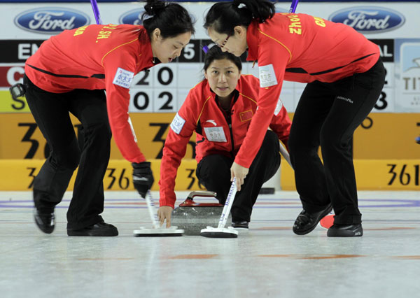 China's third Liu Yin (C) watches a stone during their World Women's Curling Championship qualification round match against Sweden in Riga, March 19, 2013. China claims second victory in curling world cup