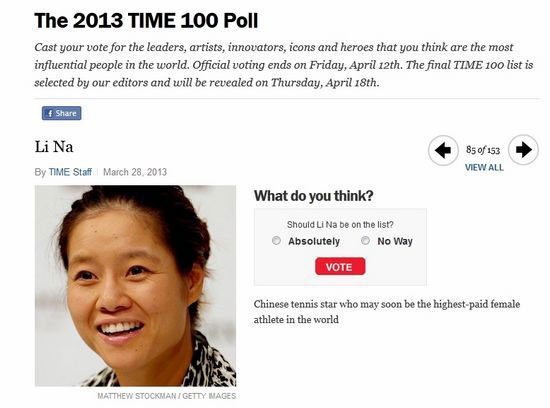 A screen grab from time100.time.com shows Li Na's poll page as one of the 2013 Time 100 candidates. Li Na on Time cover, makes influential 100 list