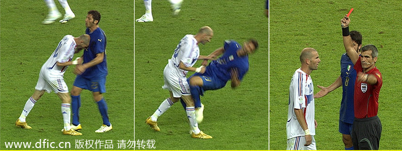 A picture combo of TV grabs shows the foul Zinedine Zidane, left, of France to Italy's Marco Materazzi and the red card shown to Zidane by referee Horacio Elizondo of Argentina during the final of the 2006 FIFA World Cup between Italy and France at the Olympic Stadium in Berlin, Germany, July 9, 2006. Tantrums, trickery and tragedies of World Cups past