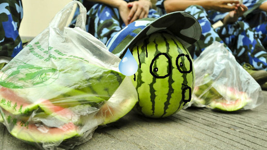 學生軍訓西瓜君走紅網絡 賣萌搞笑惹人愛(組圖)
