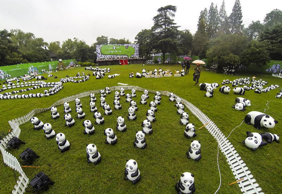 Panda figures displayed near West Lake in Hangzhou