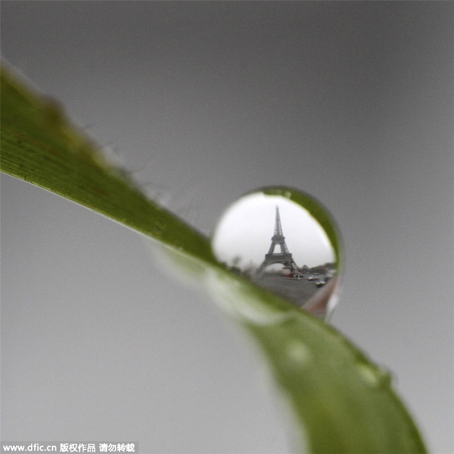 Paris landmarks in water droplets