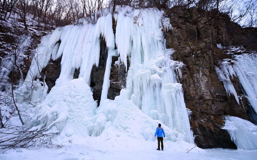 Scenery of icy waterfalls at Guanmen Mountain scenic spot in NE China