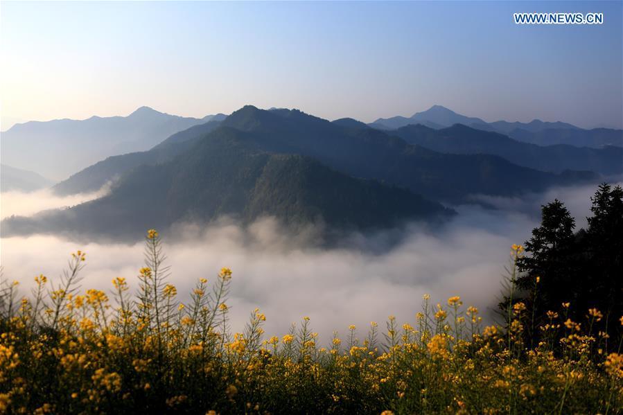 Clouds shroud ancient village Shitan, Anhui
