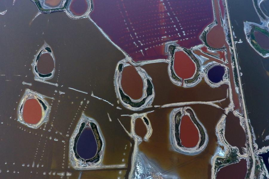 Aerial view of colorful salt lake in Shanxi province