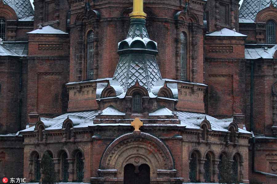Harbin's iconic Saint Sophia Cathedral captured in snow