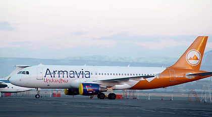An undated file photo shows an Armavia Airbus A320 passenger airliner on the tarmac at Yerevan airport. An Armenian airliner crashed into the Black Sea off the Russian coast in heavy rain on May 3, and all 113 passengers and crew on board were killed, the Russian Emergencies Ministry said.