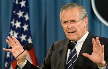 Defense Secretary Donald H. Rumsfeld gestures during a media briefing at the Pentagon concerning the war in Iraq, Thursday, Oct 26, 2006. (AP 