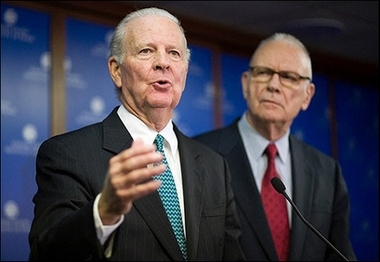 Former US secretary of state James Baker (L) and his Iraq Study Group co-chair Lee Hamilton. The Iraq Study Group is to release an eagerly awaited plan for a change of course in Iraq, as US leaders grope for a way out of the country's bloody slide into chaos US President George W. Bush got a preview of a high-powered commission's report on overhauling his Iraq strategy, as the White House encouraged Baghdad to talk security with Iran and Syria.(AFP
