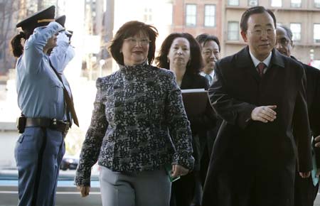 New U.N. Secretary-General Ban Ki-moon (R) arrives at U.N. headquarters in New York on the first day of a five-year term January 2, 2007. 