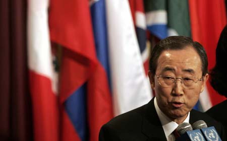New U.N. Secretary-General Ban Ki-moon speaks to members of the media on the first day of a five-year term outside the U.N. Security Council chamber shortly after arriving at U.N. headquarters in New York January 2, 2007.