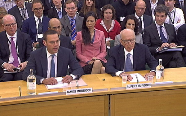 BSkyB Chairman James Murdoch, News Corp Chief Executive and Chairman Rupert Murdoch (R) appear before a parliamentary committee on phone hacking at Portcullis House in London July 19, 2011. James Murdoch: We are sorry